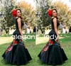 Mexikanische Charro Mermaid Prom Kleider Schwarz 2023 Blumenstickerei Flügelärmel Bateau Reißverschluss Abendabschlusskleid