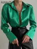 Women's Blouses Shirts Nadafair Satin Blouses Women 2022 Autumn Green Button Up Silk Shirts Long Sleeve Ladies Tops Elegant Office Lady Streetwear T230508
