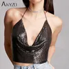 Camisoles Tanks Akyzo Women Sexig Metal Sequined Camis Summer Gold Silver Backless Croped Glitter Beach Club Show Wear Tops 230508