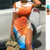 Casual Dresses 2023 Fashion O-neck Tie-dye Printing Short Sleeve Women Summer Bodycon Dress Large Size Sexy For