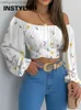 Bluzki damskie koszule kobiety eleganckie boho print bluzka swobodny długi rękaw z latarnią z ramię wąsła koszula żeńska szykowna top letnia tuniki T230508