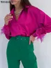 Women's Blouses shirts Bornladies Feather Cuffs Elegante vrouwen Feather Shirts Rose Pink Oversized Blouses en Tops Splicing Spring Satin Office Ladies T230508