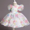 Flickans klänningar Flower Puff Sleeve Dress Child Girls Princess Dress Kids 3 6 8 Years Tutu Ball Gown Chirstmas Kid Costume Birthday Party Dress 230508