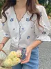 Women's Blouses Shirts French Blue Pastoral Women Shirt Blouse Embroidered Floral V Neck Short Sleeve Pearl Button Up Ladies Shirt Summer Tops 2022 T230508