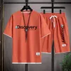 Tracki męskie Summer Discovery Dwuczęściowy zestaw lniany tkanina swobodna t-shirt i szorty Zestaw Męski garnitur sportowy moda krótkie rękawie 230508