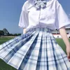 Skirts Japanese Student JK Uniform White Shirt Blue Bow Tie Gentle Pleated Skirt Plaid Skirt Tartan Kilt Suit for Girl Woman Maid Lady 230508