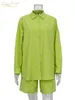 Damskie dresy damskie Clagive Fashion Green Office Suit damski swobodny luźne szorty z wysokim talią Zestaw elegancka elegancka bluzka z długim rękawem Dwukasowy zestaw 230508