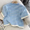 Striped Knitted T Shirts Tops For Women Jacquard Letter Short Sleeve Pullover Woman Summer Fashion Tees Clothes