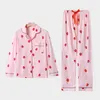 Kvinnors sömnkläder Strawberry Print Cotton for Women 2st Winter Pink Pure Pyjamas Suit Korean Pyjamas Femme Söt pijama -uppsättning