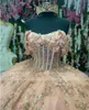 Design söt ny 2023 prinsessan quinceanera off axel gnistrande blommapplikationer pärlor bollklänning söta 16 klänningar 322