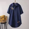 Women voor blouses veer borduurwerk lange blouse vrouwen korte mouw kunst los blauw en tops button down shirts