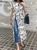 Blouses Femme Chemises Chemisier d'été femme ZANZEA mode manches courtes hauts 2023 décontracté imprimé chemises longues fente irrégulière Camisas surdimensionné OL tunique T230508