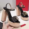 Dames Designer Sandalen Designer Hoge Hakken Dikke Bodem Chunky Heel Platform Sandalen Super Hoge Hak Jurk Schoenen Kalf Riem Gesp Gevlochten Raffia Rok Schoenen