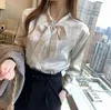 Vetersluiting met strik G Letterprint Damesoverhemd Chiffon blouse V-hals Franse knop Veelzijdige basislaag Losse casual top
