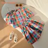 Sets Suits Bear Leader Girls 2023 Summer Korean Children s Clothing Colorful Plaid Bubble Sleeve Shirt Shorts Two Piece 230508