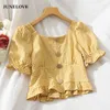 Damenblusen Heydress Ulzzang Stretch Slim Elegant Femme Shirts Bluse Damen Plissee Design Schöne Puffärmel Vintage Damen Kleidung Crop