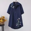 Women voor blouses veer borduurwerk lange blouse vrouwen korte mouw kunst los blauw en tops button down shirts