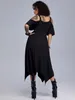 Plus size jurken roselgrootte Gotische zwarte PU lederen band ringen koude schouderjurk zomer asymmetrische anklellengte vestidos 230506