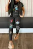 Kadınlar İki Parçalı Pantolon 5 Set Toptan Kadın Takipleri 2 Set Sevimli Baskı T-Shirt Tayt Kalem Yaz Kıyafetleri Günlük Jogger Suit 9822