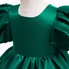 Girl's Dresses Girls Satin Face Tulle Puff Sleeve Dresses Children Vestido Vintage Dark Green Wedding Birthday Party Princess Dress Kid Clothes 230508