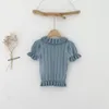 Set di abbigliamento Sumple Summer Lace Collar Shirt Cotton Knitt Short Maniche per bambini Shirt per bambini per ragazze Blome per bambini top per bambini 230508