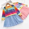 Girl s Dresses Baby Girls Princess Autumn Sweater Fleece Gauze Tutu Children Clothing Long Sleeve Rainbow Stripes For 230508