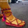 Sandaler Espadarille Cotton Woven Wedge Sandaler Women Ethnic Style Fashion Flat Slingback Strap Gladiator Hollow Design Summer Beach Shoe 230508