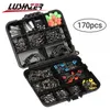 Baits Lures 170pcs lot LUSHAZER Fishing Tackle Box set with Hooks Weights Jig Heads O Rings Barrel Swivels Fastlock Snaps Saltwater 230508