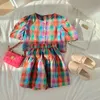 Sets Suits Bear Leader Girls 2023 Summer Korean Children s Clothing Colorful Plaid Bubble Sleeve Shirt Shorts Two Piece 230508