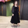 Abbigliamento etnico Abito da sera in velluto con colletto quadrato da donna vintage Elegante abito da ballo femminile africano a maniche lunghe nero a vita alta