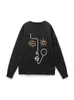 Women's Hoodies 2023 Fashion Women Clothing High Street Long Sleeve Face Embroidery Pullover Sweatshirt Round Neck Black Loose Casual