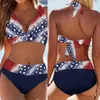 Damen-Bademode, Damen-Badeanzug, Nationalflaggen-Aufdruck, Krawatten, Neckholder, geteilter Bikini-Rücken, Kordelzug-Set