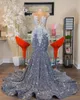 Glittering Silver Sequined Arabic Prom Dresses Sheer Neck Lace Appliqued Shining Formal Party Evening Gowns Women Plus Size Long Mermaid Reception Dress CL2173