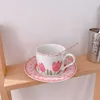 Coffee Tea Tools Ins-Stil Tulpenrosa Kaffeetassen-Set Mädchen Bürogetränk Keramiktasse Milchtasse mit Untertasse 8-Zoll-Tellerbecher P230508