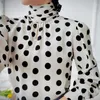 Kvinnors blusar high end tjockt material Silk Topphög Neckbubbla ärm Polka Dot Printed Shirt Women's Mulberry