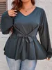 Damen Plus Size T-Shirt Damen 4XL Schleife Blusen Schößchen Tops Casual BlackTShirt für Damen Langarm V-Ausschnitt Herbst Baumwolle T-Shirts Mode 230506