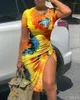 カジュアルドレス2023ファッションOネックタイダイ印刷半袖女性サマーボディーコンドレス大型サイズセクシー
