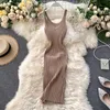 Casual Dresses V Neck Slim Summer Sexy Knit Midi Dress Spaghetti Strap Vestido De Festa Women Party Bodycon Knee-Length Vestidos