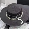 Summer Fashion Straw Hat New Water Pearl Letter Mark Big Brim Flat Top Hat Seaside Beach Sun Hats