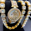 Wristwatches 3pcs Iced Out Watches For Women Gold Leopard Watch Sliver Tennis Chains Bracelet Necklace Bling Jewelry Set Gift