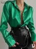 Women's Blouses Shirts Nadafair Satin Blouses Women 2022 Autumn Green Button Up Silk Shirts Long Sleeve Ladies Tops Elegant Office Lady Streetwear T230508