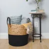 Set of 2 Round Storage Basket, Braided Seagrass Cotton Rope XL LG , Natural Black