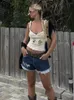 女性の戦車漫画の刺繍赤ちゃんサスペンダーイエローセクシーなクロップトップVネックスリムフィットタンク女性服2023サマーファッションTシャツ