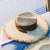 Breda brimhattar 2023 Summer Lafite Sun Cap Ladies Black Ribbon Hand-Woven Straw Hat Visor Big Side Outdoor Beach Chapeu Feminino