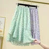 Skirts Green Purple Floral Midi Sweet Chiffon Elegant High-Waisted Women'S Summer Korean Style Skirt Fashion 2023 Harajuku