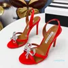 Aquazzura Rhinestones Bow Knot Sandals Stiletto Heels Open Toe Cross Heeled Women 's Luxury Designers Leather Outsole Pretty Evening Shoes 10cm 공장 신발