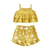 Kledingsets geboren babymeisjes kleren Solid Color Ruffle Sling Vest Toppen en elastische taille bloemenprint shorts 2pcs outfits