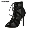 Boots Aneikeh Fashion Basic Sandals Boots Women High Heels Pumps Sexy Hollow Out Mesh Lace-Up Cross-tied Boots Party Shoes 35-42 230506