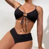 Conjunto de Bikini de alta elasticidad para verano 2023, dos piezas de Color sólido con cordones, traje de baño Sexy para mujer, traje de baño para playa, traje de baño