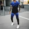 Survêtements pour hommes Costume d'été pour hommes Mode Sportswear Pantalon T-shirt Décontracté Flamme Impression 3D Gradient Col rond Ensemble deux pièces